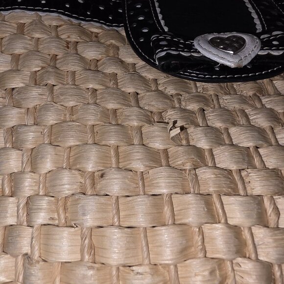 Brighton Straw & Black Leather Woven Tote Bag Heart Charm Polka Dot Trim Purse - Picture 8 of 16